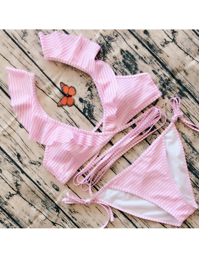 Pink Striped Frilled Bikini Set