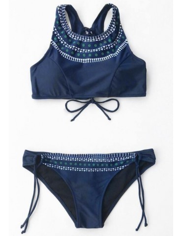 Blue White Neckline Bikini Set
