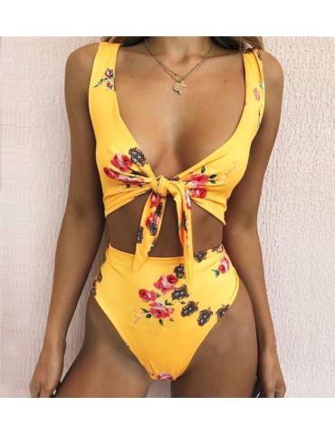 Yellow Flowered High Waist Bikini