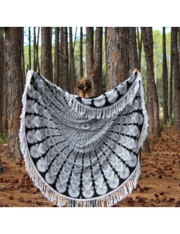 Black and White With Tassels Round Blanket