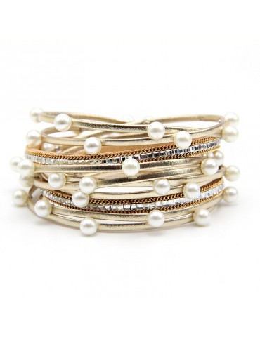 Nude And Gold Pearled Multilayer Bracelet